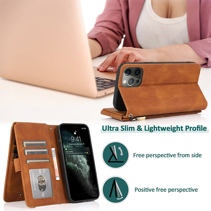 Brieftaschenetui für iPhone Samsung, langlebiges Flip-Lanyard-Gurt-Armband, Reißverschluss, Kartenhalter