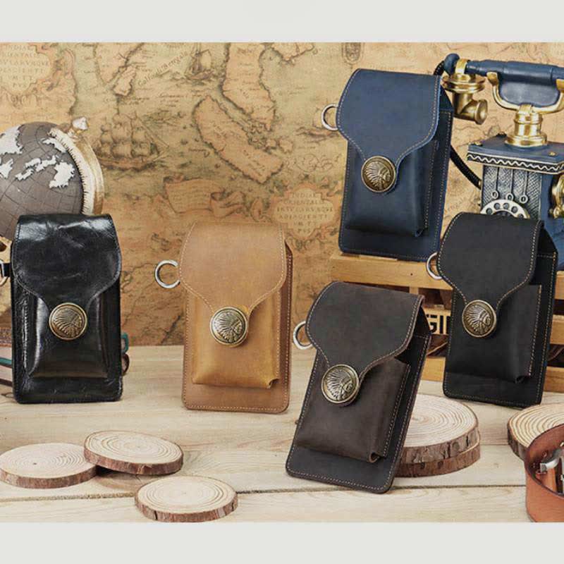 Vintage Leder Flip Handytasche Gürteltasche mit Zigarettenfach