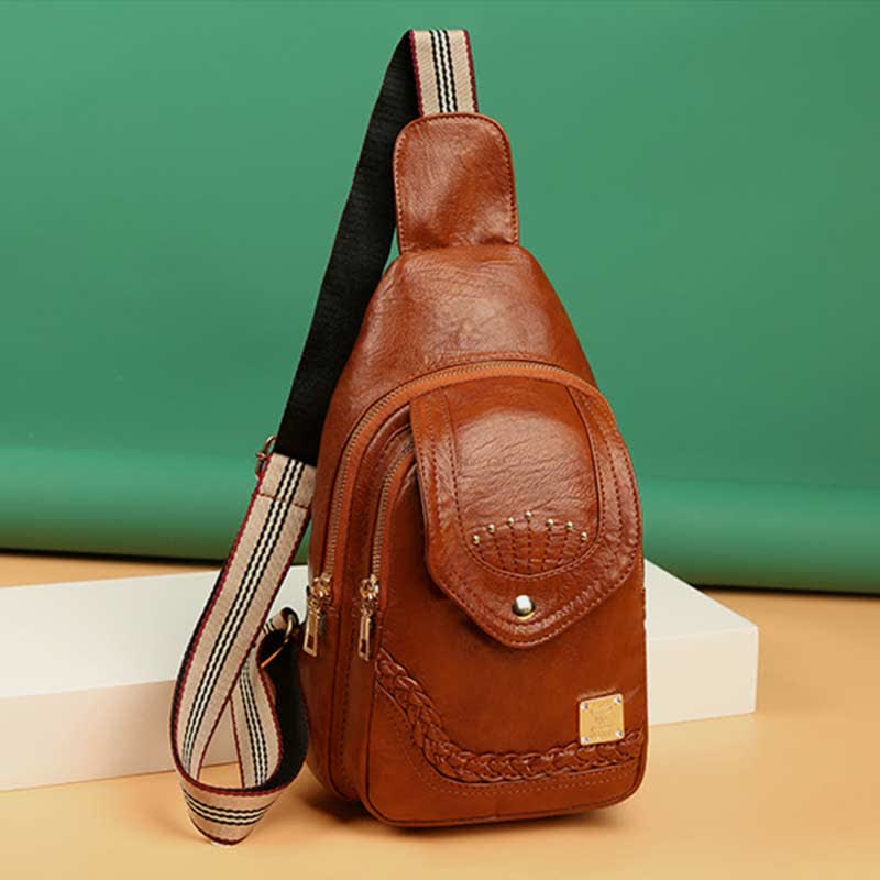 Kleiner Sling-Rucksack aus Kunstleder, Mehrzweck-Brusttasche mit Doppelreißverschluss, Rushsack