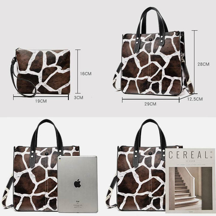 Tragetasche mit Leopardenmuster, Set aus Leder, Handtasche für Damen