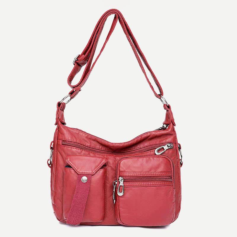 Damen Umhängetasche aus weichem Leder mit zwei Fächern, geräumige Handtasche, Schultertasche