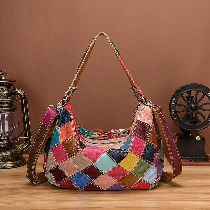 Mehrfarbige Boston-Tasche aus echtem Leder mit Blumenmuster, Hobo-Tragetasche, Umhängetasche