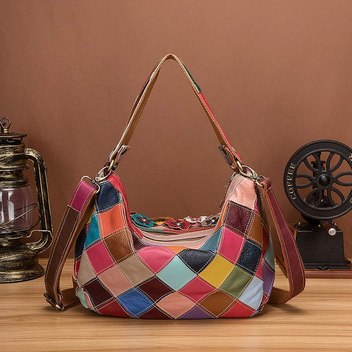 Mehrfarbige Boston-Tasche aus echtem Leder mit Blumenmuster, Hobo-Tragetasche, Umhängetasche
