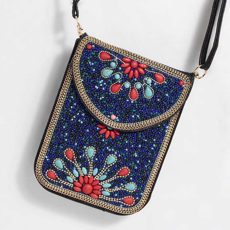 Bohemian Handytasche Damen Muschel Blumen Muster Magnetische Umhängetasche