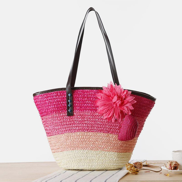 Sommerblumen-Strandtasche aus gewebtem Stroh, Reisetasche