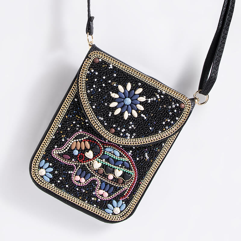 Bohemian Handytasche Damen Muschel Blumen Muster Magnetische Umhängetasche
