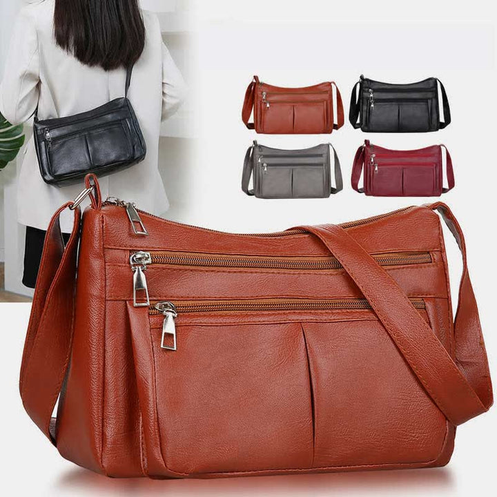 Umhängetasche mit 3 Reißverschlüssen für Damen, leichte, wasserdichte Schultertasche aus Leder