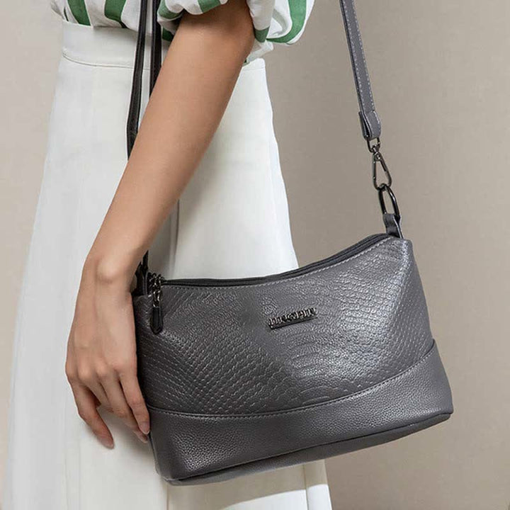 Umhängetasche mit drei Fächern für Damen, Beuteltasche aus veganem Leder