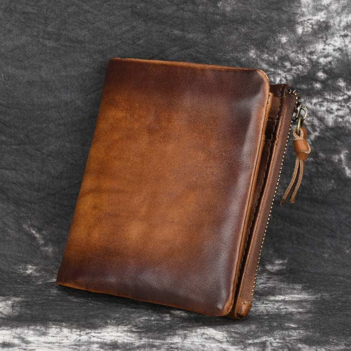Retro Herren Geldbörse aus gebürstetem Rindsleder, Münzbörse, Kartenhalter