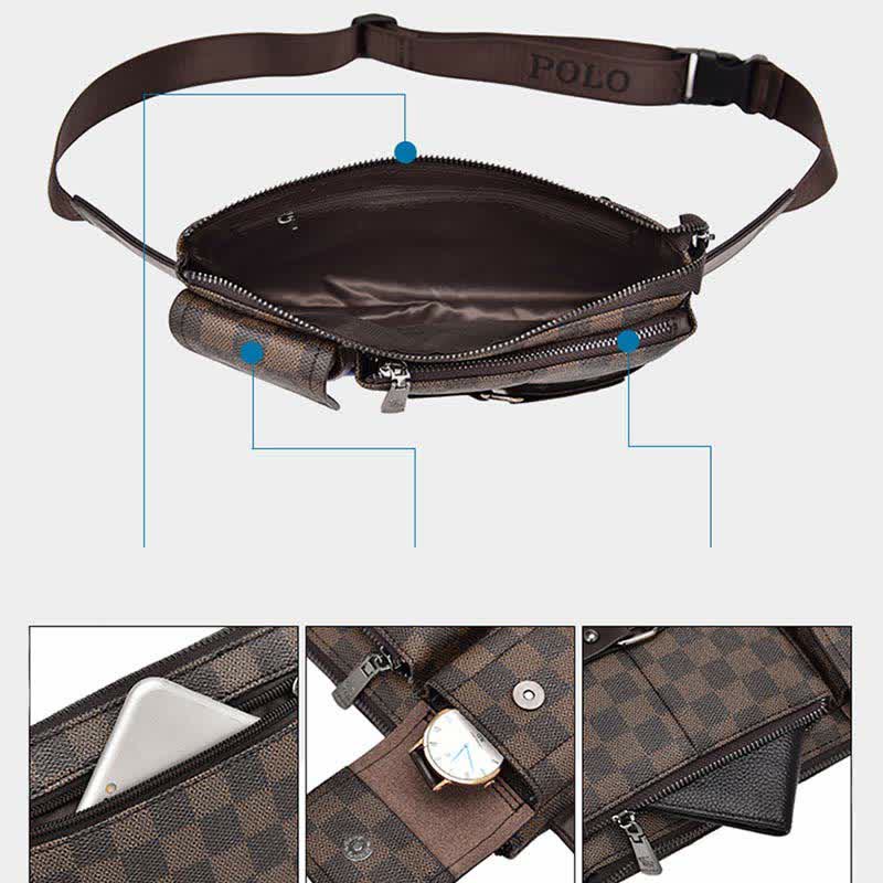 Gürteltasche für Herren, Leder, kariert, Reise-Umhängetasche, Brusttasche