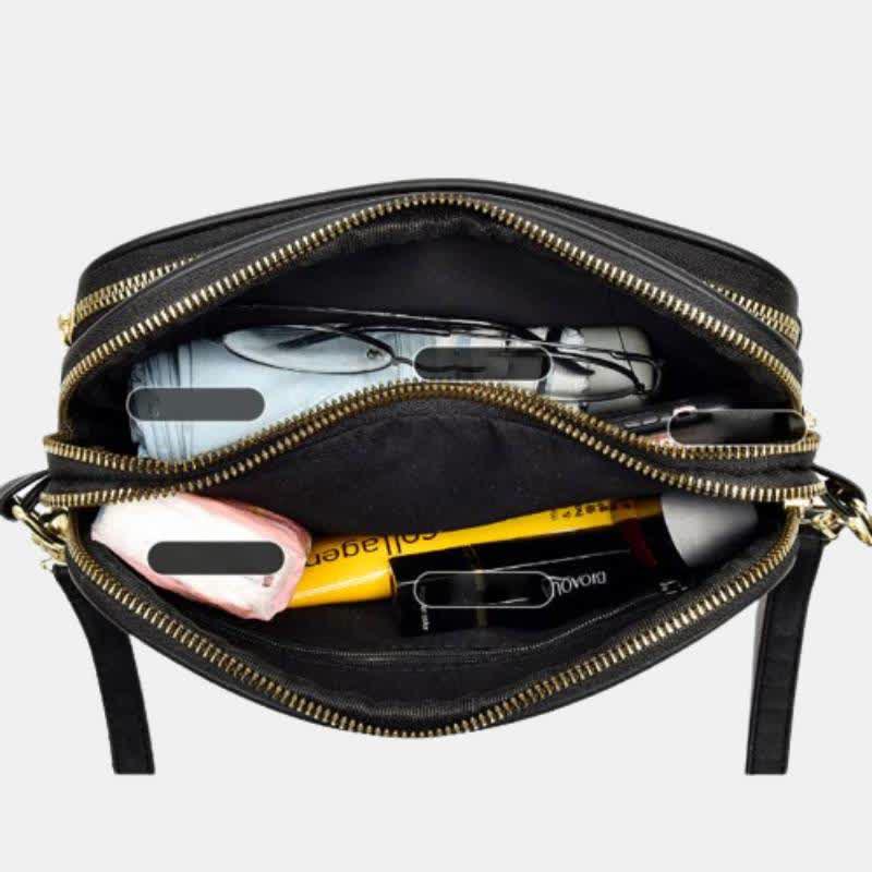 Umhängetasche mit drei Reißverschlüssen, gestepptes Leder, Schultertasche für Damen