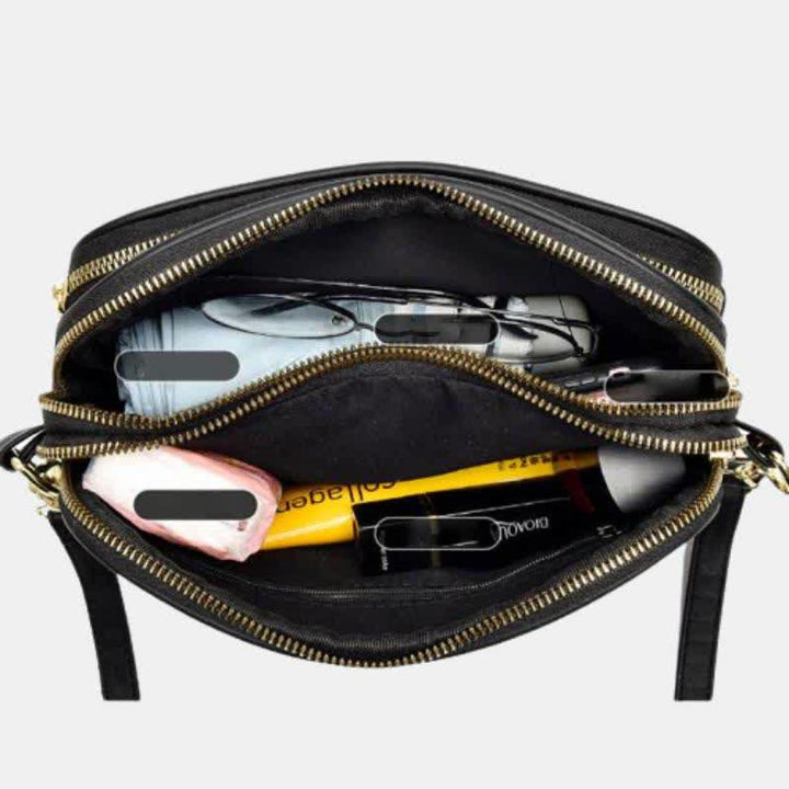 Umhängetasche mit drei Reißverschlüssen, gestepptes Leder, Schultertasche für Damen
