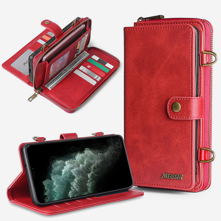 Brieftaschenhülle für iPhone Samsung [2 in 1] Magnetische abnehmbare Geldbörse [Crossbody-Kette] Folio Flip Card Solt Protection Back Cover