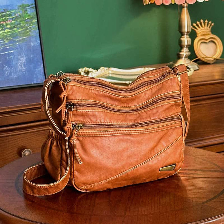 Umhängetasche aus weichem Leder mit zwei Fächern, Retro-Handtasche für Damen