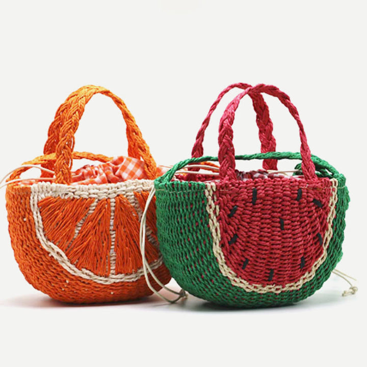 Strandtasche für Damen, tragbare Umhängetasche aus Stroh mit Wassermelonenmuster