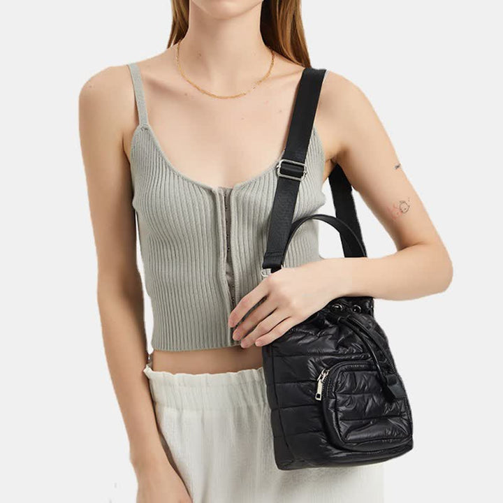 Puffer-Beuteltasche mit Kordelzug für Damen, Daunen-Umhängetasche, gesteppte Umhängetasche