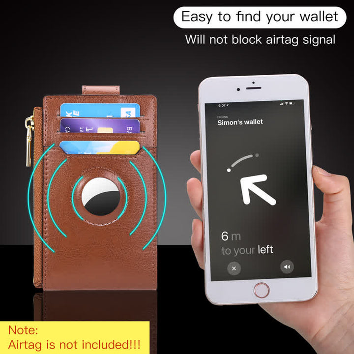 Echtleder-Portemonnaie mit Reißverschluss für Airtags, Apple-Geldbörse, RFID-blockierender Kartenhalter