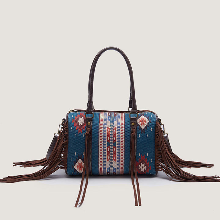 Vintage Handgewebte Boho Tote Tasche mit Quaste und Henkel und Umhängegurt