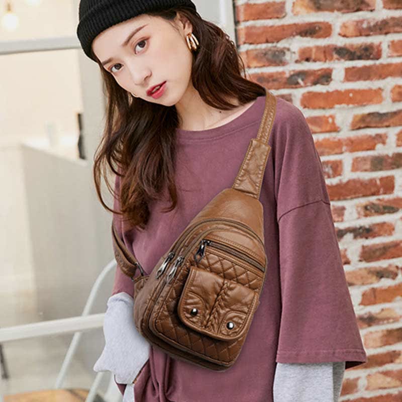 Retro Sling-Rucksack für Damen, mehrere Taschen, Umhängetasche aus PU-Leder