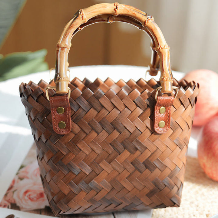 Strohtasche für Damen, Handtasche mit Retro-Bambusmuster