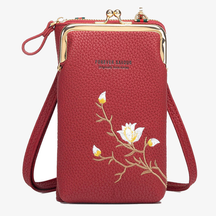 Elegante bestickte Handytasche Damen Mini Crossbody Leder Geldbörse