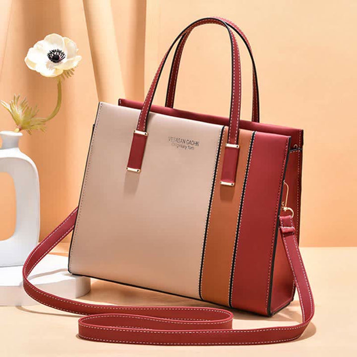 Damen Handtasche aus Leder mit Henkel, modisch, mit Farbblock-Muster, Umhängetasche