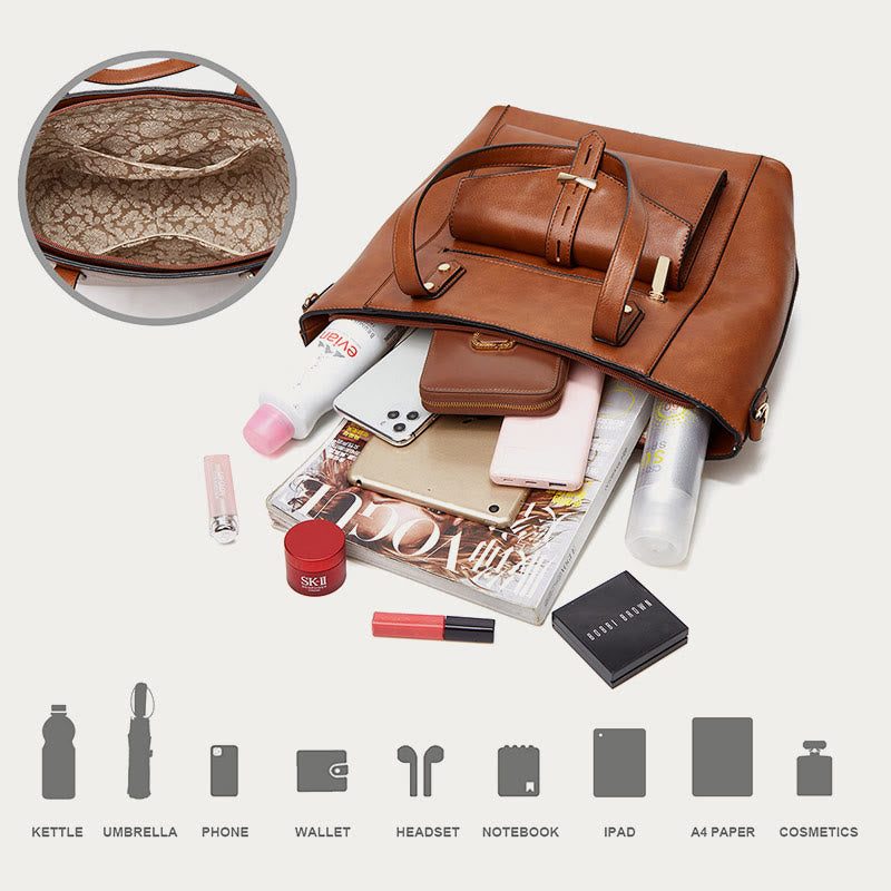 Taschenset für Damen, große Tragetasche, Umhängetasche aus Leder