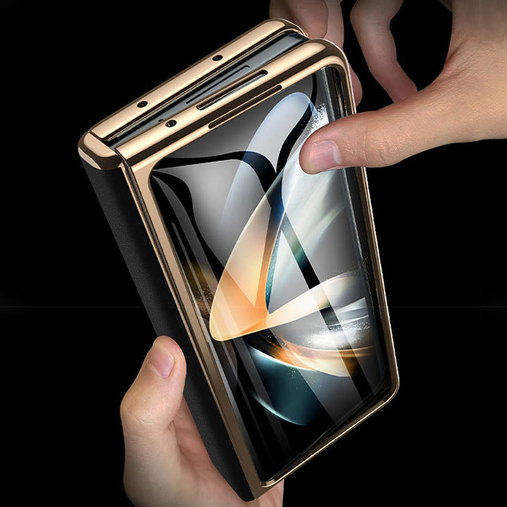 Z Fold 5 Handyhülle Leechi Grain Echtleder mit Displayschutzfolie