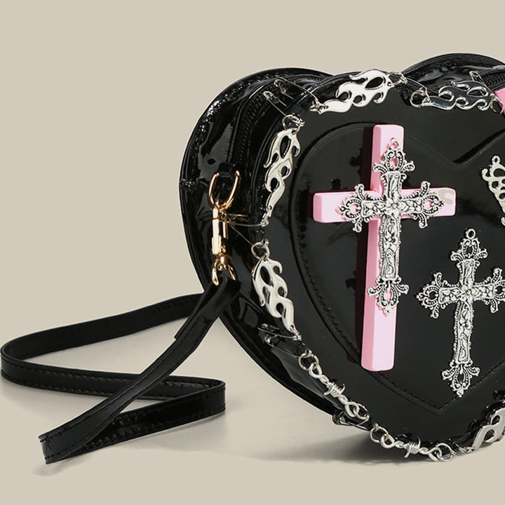 Gothic Herzform Geldbörse Damen Kreuz Nieten Umhängetasche
