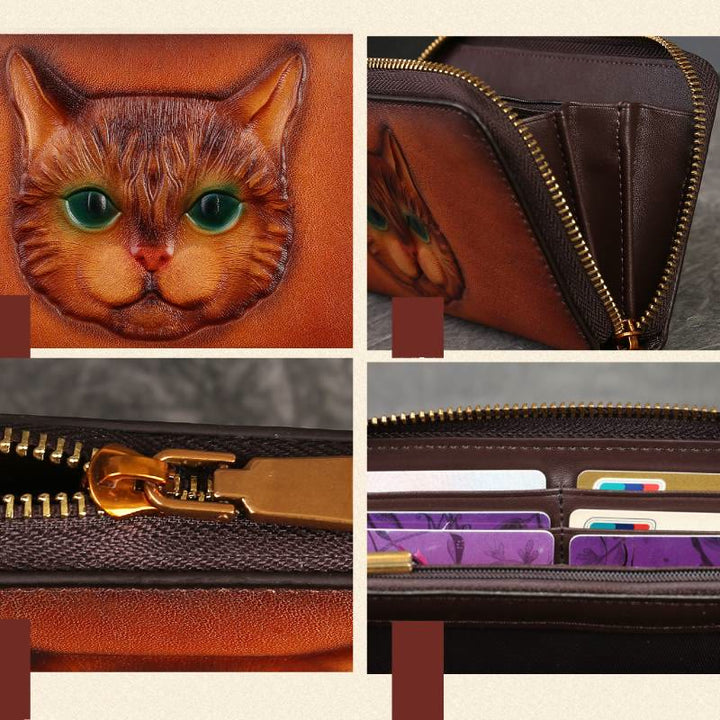Geldbörse aus echtem Leder mit geprägtem Katzenmotiv und mehreren Fächern