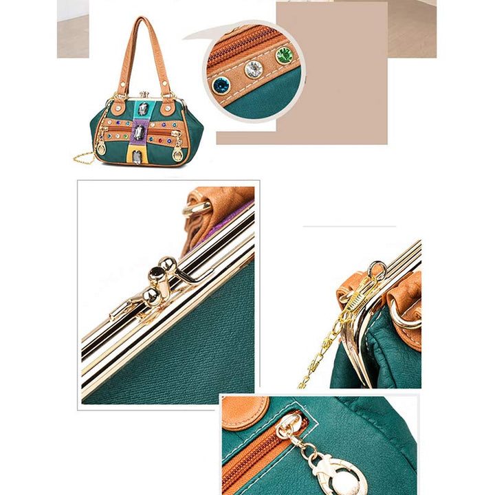 Retro Doppellagige Kiss-Lock Schulterhandtasche Party Abendtasche mit Umhängekette