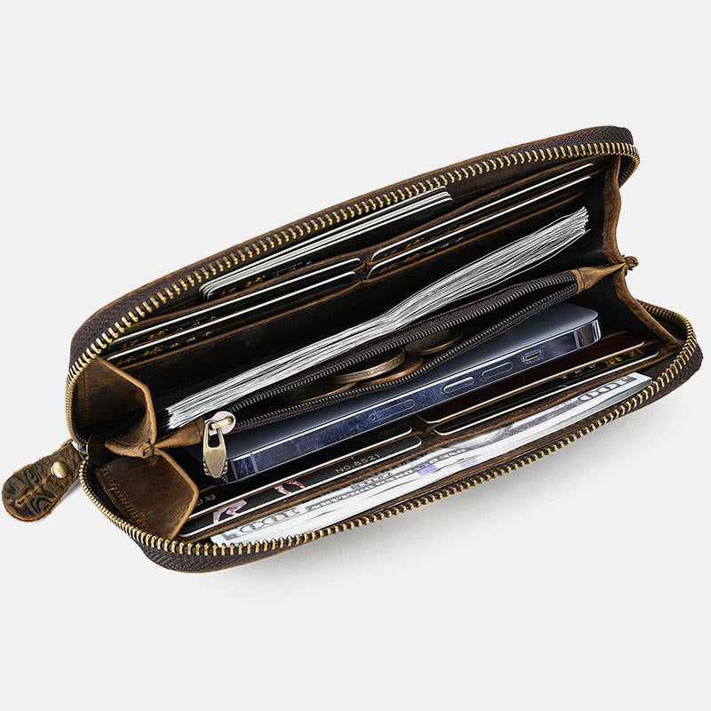 Lange Geldbörse für Herren mit RFID-Retroprägung, Leder, Handytasche