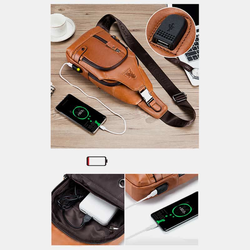Schultertasche aus echtem Leder, lässiger Outdoor-Schulterrucksack, Brust-Tagesrucksack