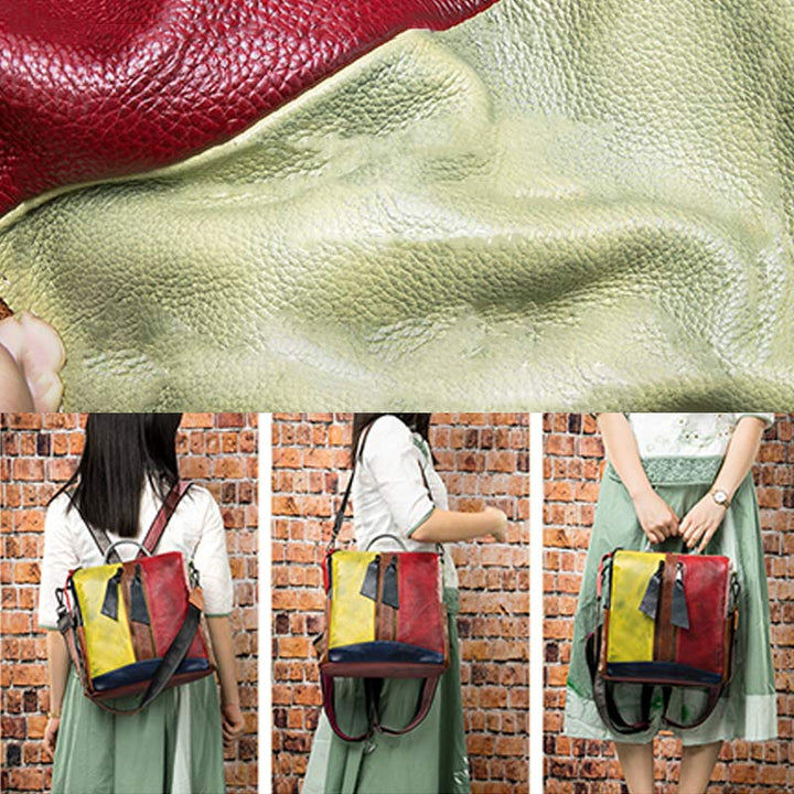 Damen Rucksack Handtasche Cabrio Schultertasche Echtleder Colorblock Casual Daypack