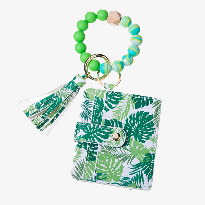 Leder-Kartenhalter für Damen, Silikonperlen-Armband mit Anhänger