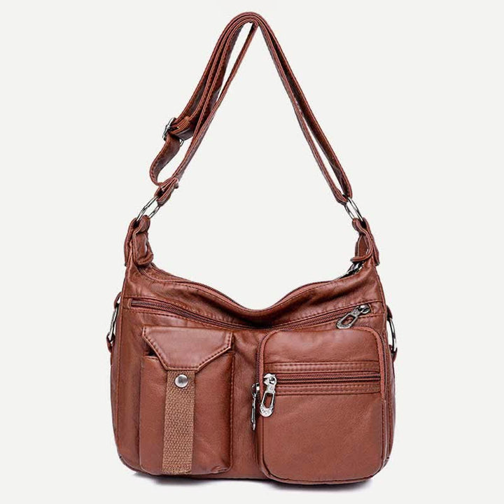 Damen Umhängetasche aus weichem Leder mit zwei Fächern, geräumige Handtasche, Schultertasche