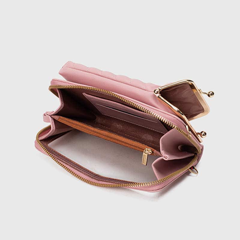 Kleine Crossbody-Handy-Geldbörse für Damen aus gestepptem Leder