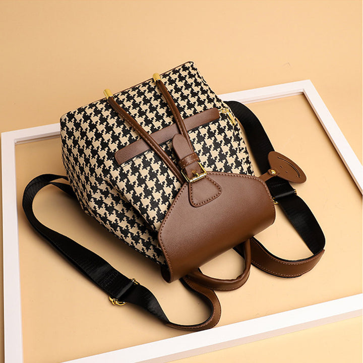 Damen Mini-Rucksack Geldbörse Hahnentrittmuster Klappe Tagesrucksack Leder Schultertasche
