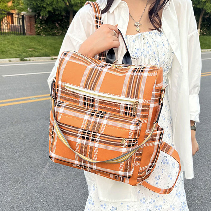Multifunktionaler, lässiger Damen-Rucksack, Tagesrucksack aus Leder mit kariertem Muster und Schultergurt