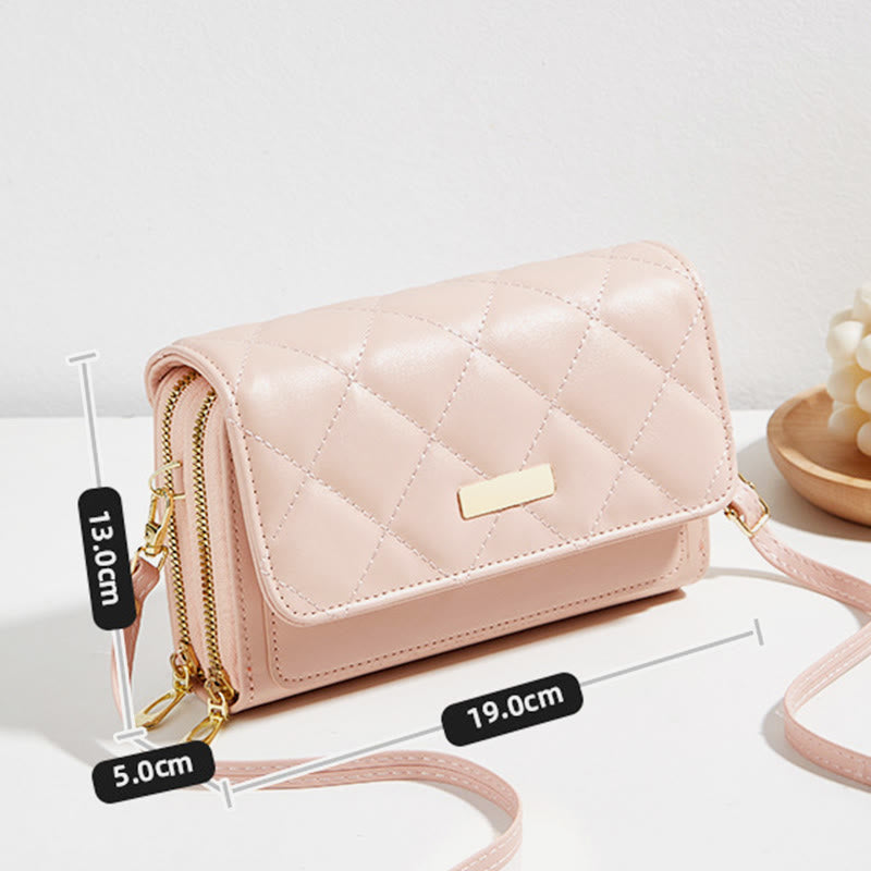 Handytasche mit doppeltem Reißverschluss, gesteppte Umhängetasche, Geldbörse, Clutch