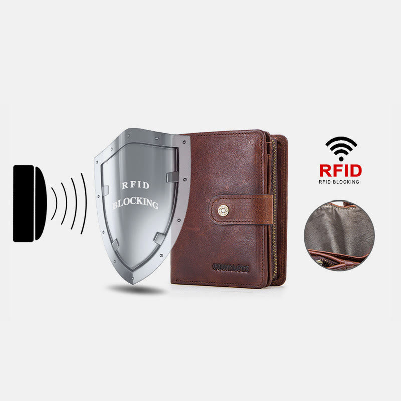 RFID-blockierende Geldbörse aus echtem Leder mit mehreren Karten, Schnalle und Münzfach mit Reißverschluss
