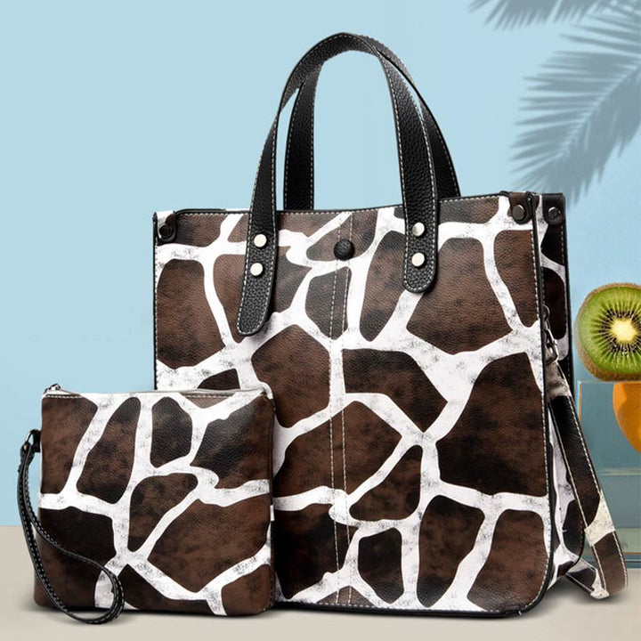 Tragetasche mit Leopardenmuster, Set aus Leder, Handtasche für Damen