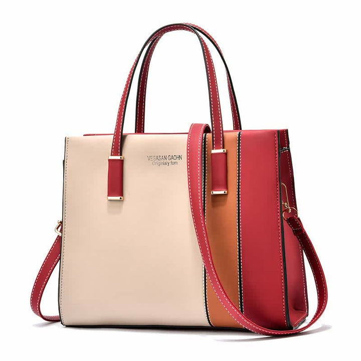 Damen Handtasche aus Leder mit Henkel, modisch, mit Farbblock-Muster, Umhängetasche