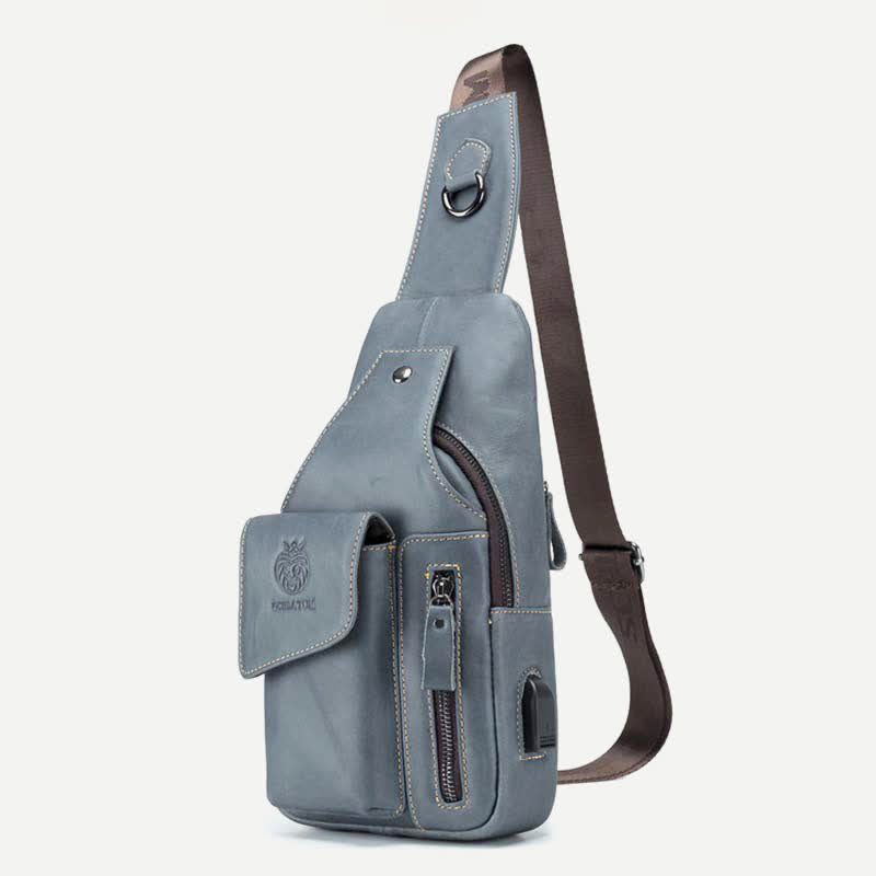 Brusttasche aus echtem Leder mit mehreren Taschen und USB-Ladeanschluss