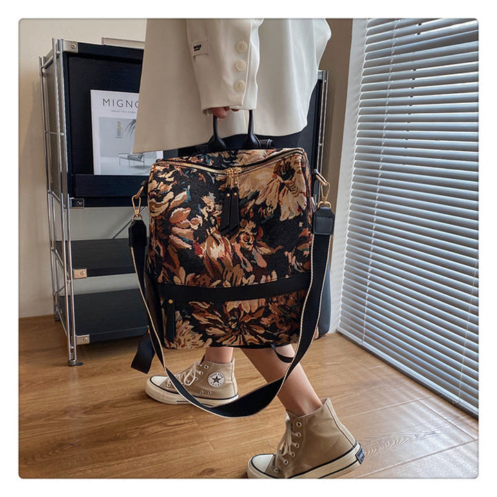 Rucksack aus Canvas mit Ölgemälde-Motiv, Retro-Hahnentrittmuster, großer Studenten-Tagesrucksack