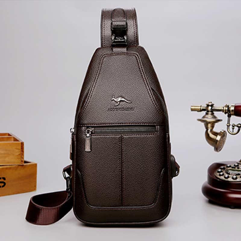 Sling-Brusttasche aus Leder mit mehreren Taschen für Männer mit USB-Ladeanschluss
