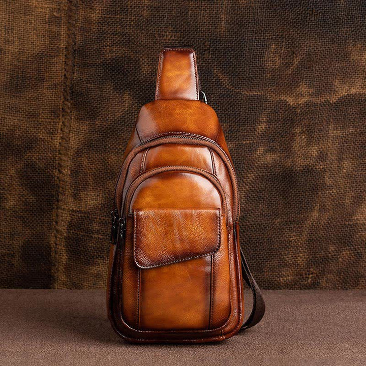 Sling-Rucksack aus echtem Leder, Retro, Mehrzweck-Umhängetasche, Schultertasche, Brusttasche