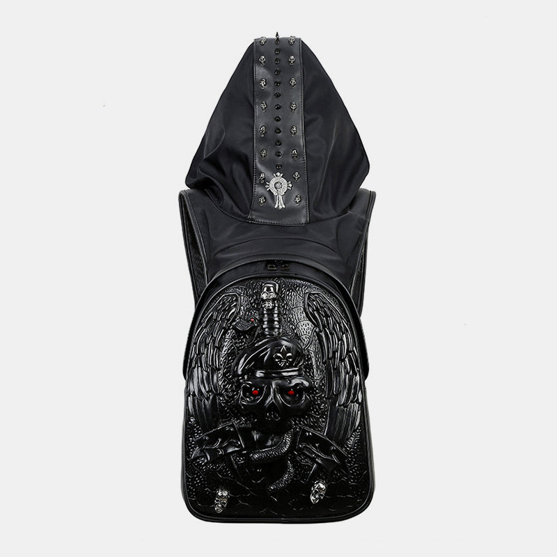 3D-Totenkopf-Rucksack, Gothic-Nieten, Laptop-Rucksack mit Kapuzenmütze