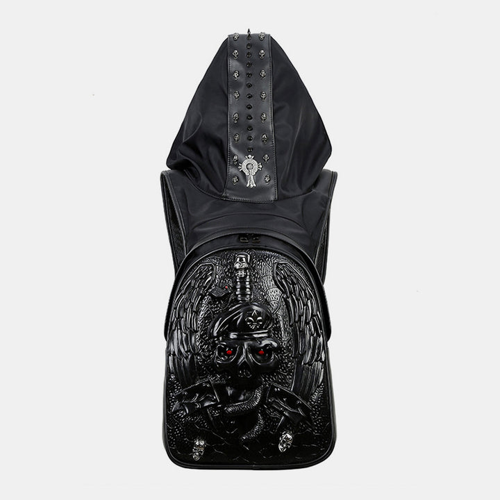 3D-Totenkopf-Rucksack, Gothic-Nieten, Laptop-Rucksack mit Kapuzenmütze