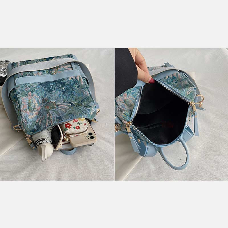 Rucksack aus Canvas mit Ölgemälde-Motiv, Retro-Hahnentrittmuster, großer Studenten-Tagesrucksack